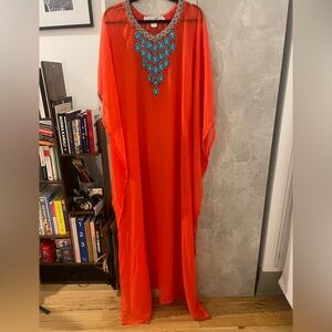 Vibrant Orange Kaftan with Blue Embellishments
